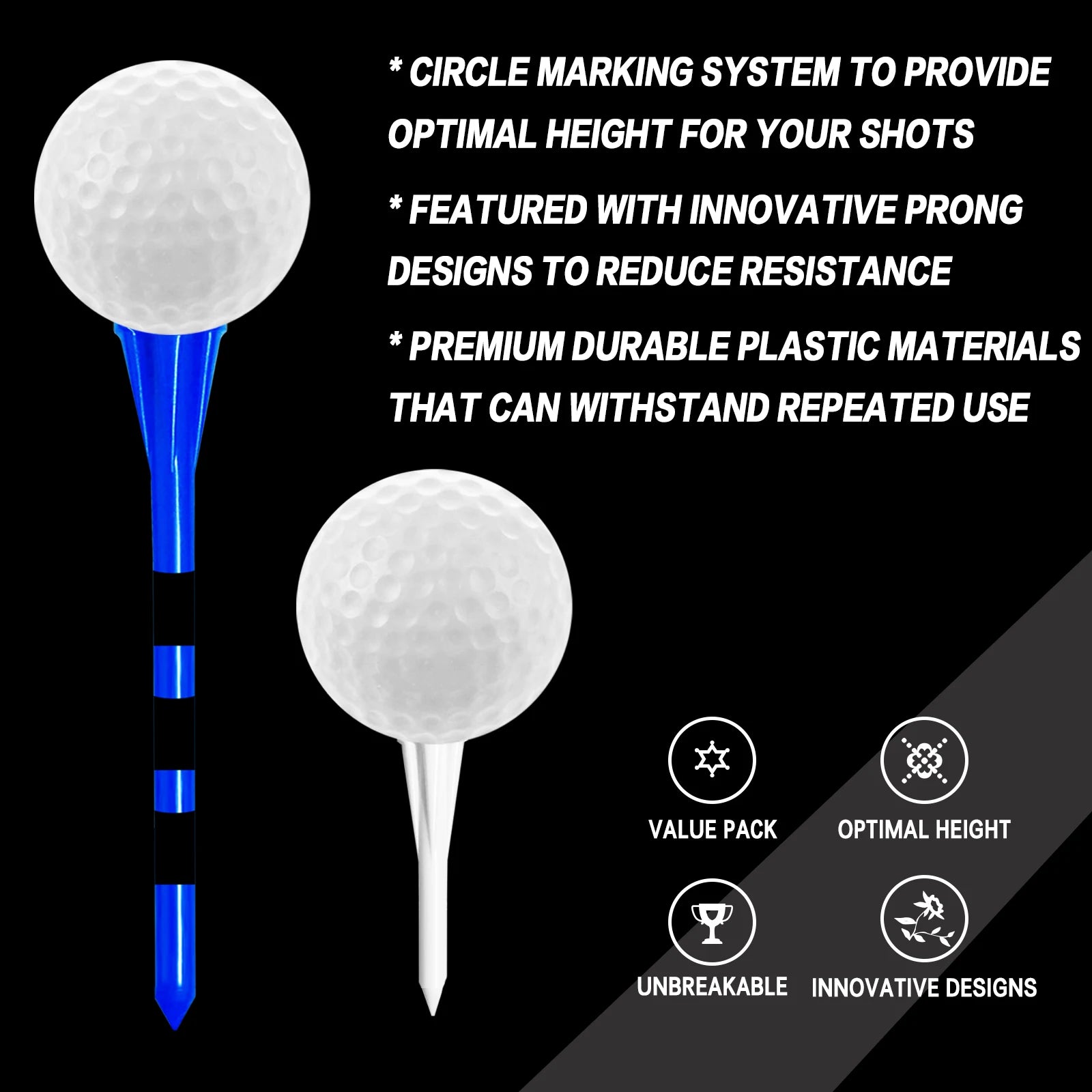 Ensemble de 100 tees de golf en plastique avec système de marquage à 5 pointes : 80 tees pour driver et 20 tees pour fers et hybrides, résistance à faible friction.