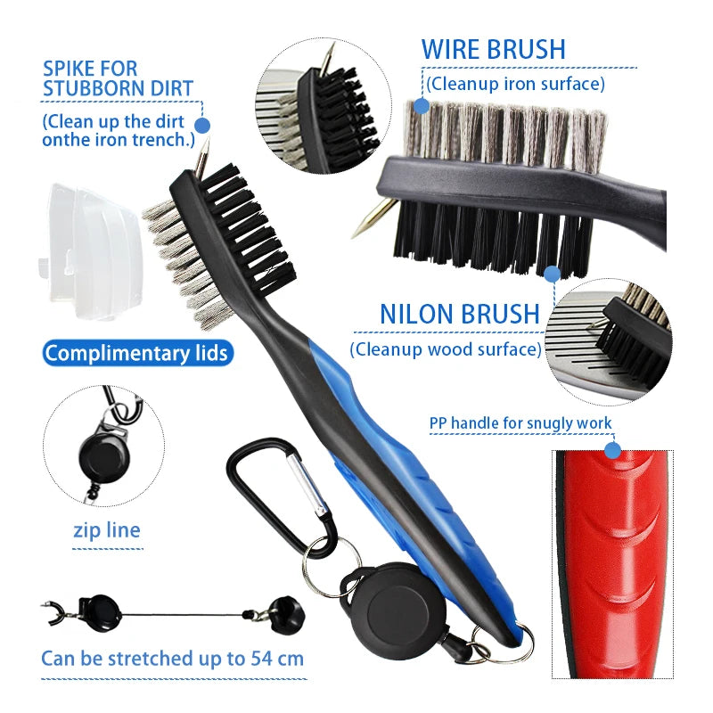 Nettoyeur de clubs de golf, brosse de nettoyage avec mousqueton, affûteur de rainures.
