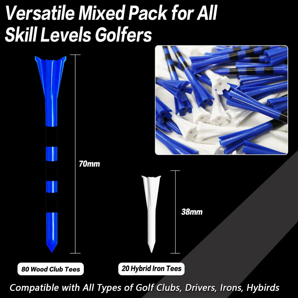 Ensemble de 100 tees de golf en plastique avec système de marquage à 5 pointes : 80 tees pour driver et 20 tees pour fers et hybrides, résistance à faible friction.