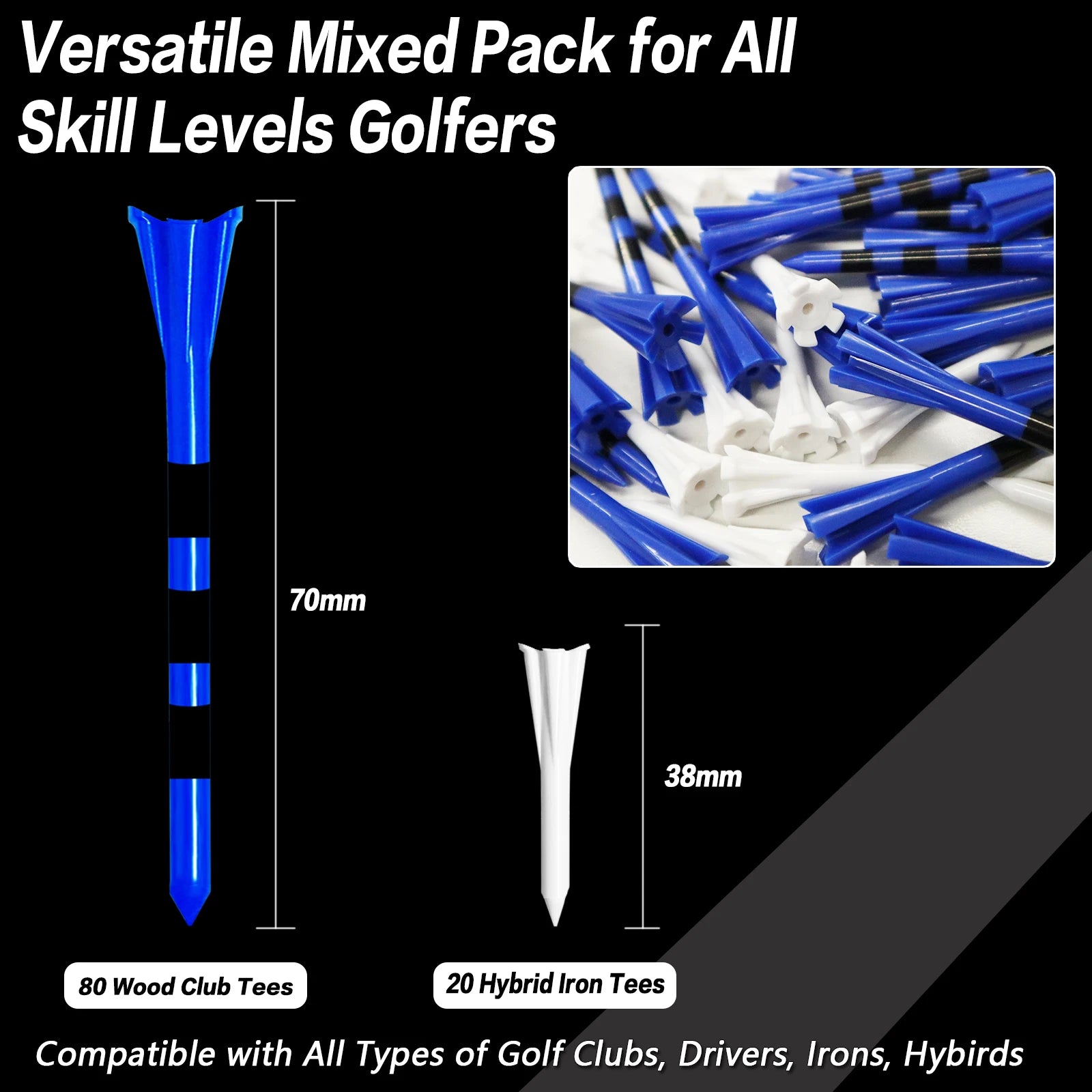 Ensemble de 100 tees de golf en plastique avec système de marquage à 5 pointes : 80 tees pour driver et 20 tees pour fers et hybrides, résistance à faible friction.